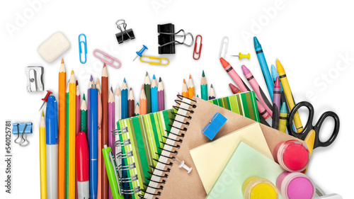 Colorful school supplies on white background photo