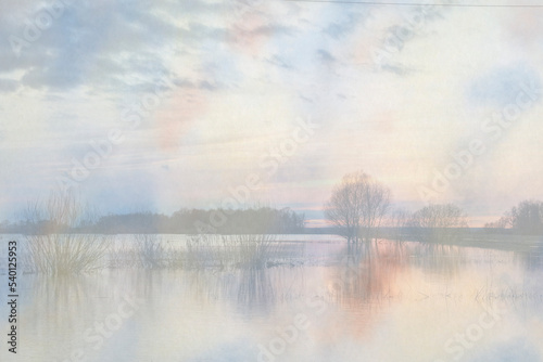 Watercolor background and photograph of a rural landscape with a river.