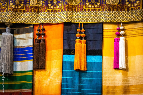 colourful scarves, cloth, fabric, weaving mill, medina, fes el bali, morocco, north africa