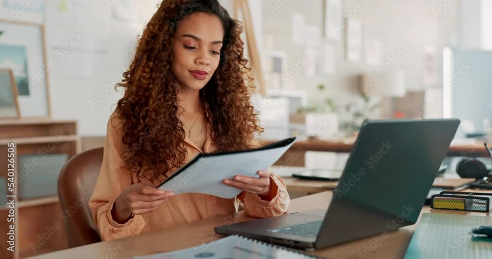 Black woman, documents or working on laptop planning, creative research or data analysis for marketing project management review. Business, typing corporate report, schedule or SEO calendar agenda