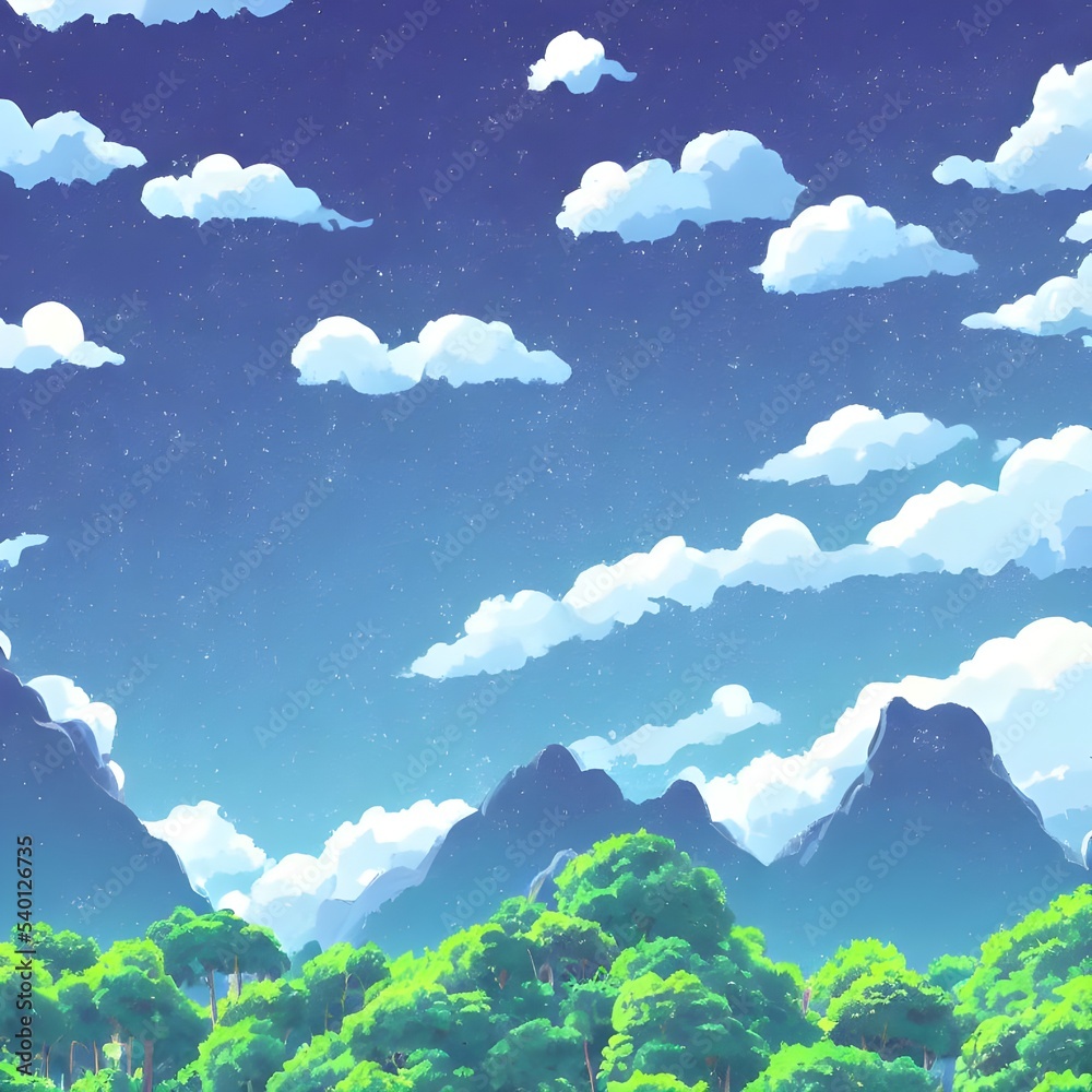 Obraz premium This is a beautiful mountain landscape with soft, serene colors. The sky is a gentle blue, and the mountains are a deep green. There are trees and flowers dotting the scene, adding pops of color. The 