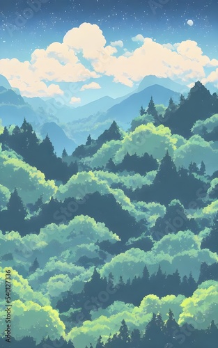 The serene anime mountain landscape is a beautiful sight. The mountains are lush and green  with snow-capped peaks. The sky is a deep blue  and the sun is shining bright.