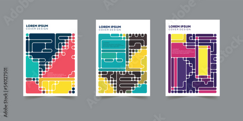 Set of colorful geometric cover designs. Maze style