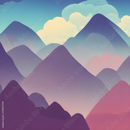 The clouds are fluffy and white, floating gracefully in the sky. The sun is a bright orange disc, sinking behind the mountains in the distance. The mountains themselves are steep and green, with a riv