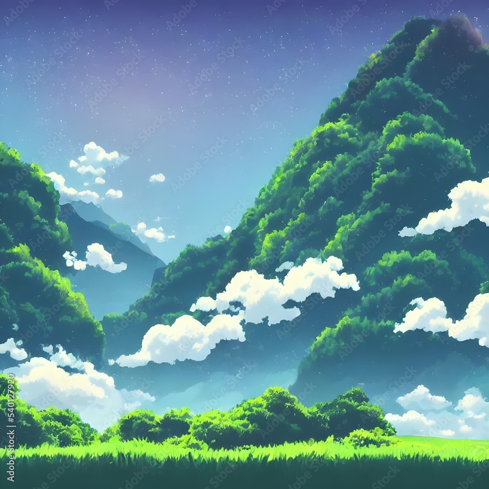 There is a serene anime mountain landscape. The mountains are tall and snow-capped, while the valley below is green and lush. A river meanders through the scene, adding to the tranquility of the image