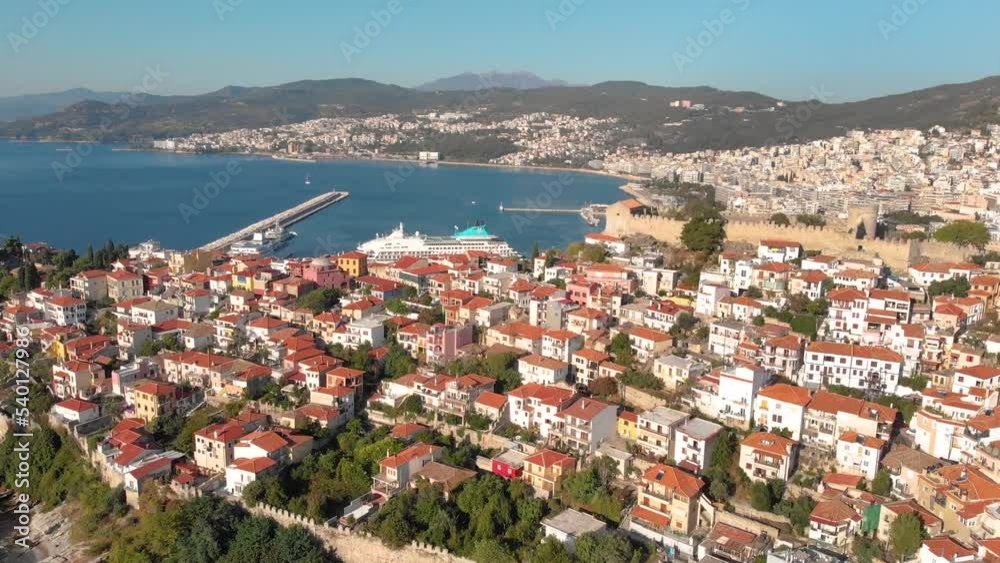 Aerial Dolly Reveal Shot of Kavala Old Town Fortress and Port with Cruise Ships, Cinematic 4K Footage Aerial Dolly Reveal Shot of Kavala Old Town Fortress and Port with Cruise Ships, Cinematic 4K Footage