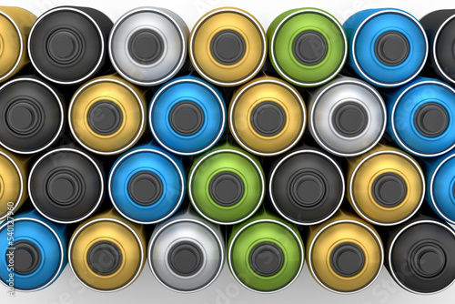Set of spray paint cans in row on white background. Spray bottle and dispenser