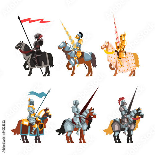 Armored Medieval Knight or Cavalryman Sitting on Horseback Holding Lance Vector Set