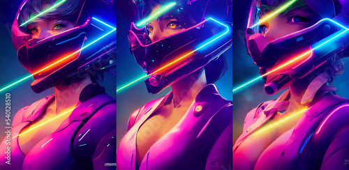 Futuristic cyberpunk girl in helmet, neon lights background
