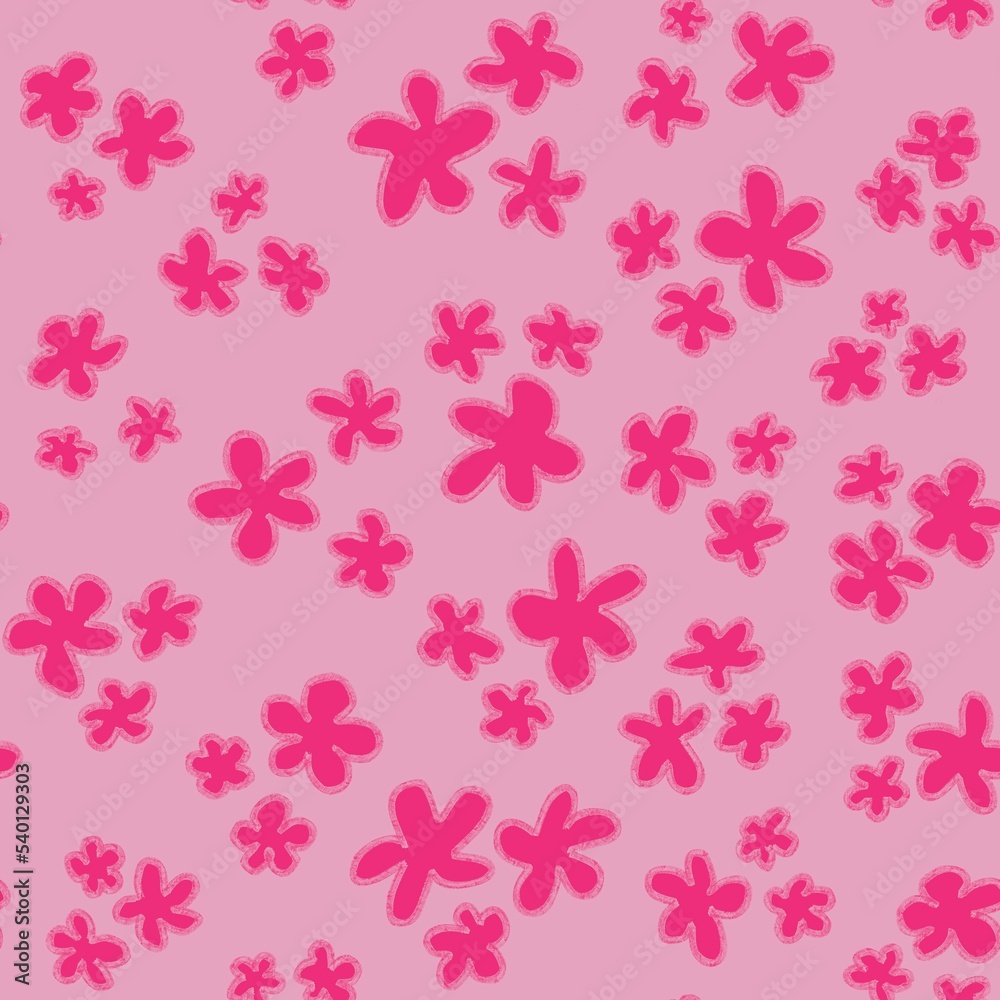 Trendy fabric pattern with hand drawn miniature fuchsia flowers on pink background.Fashion design.Motifs scattered random.Elegant template for fashion prints,fashion textile,fabric,gift wrapping paper
