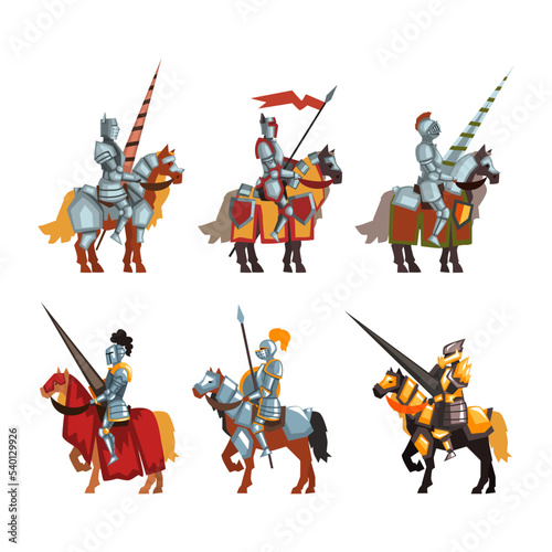 Armored Medieval Knight or Cavalryman Sitting on Horseback Holding Lance Vector Set