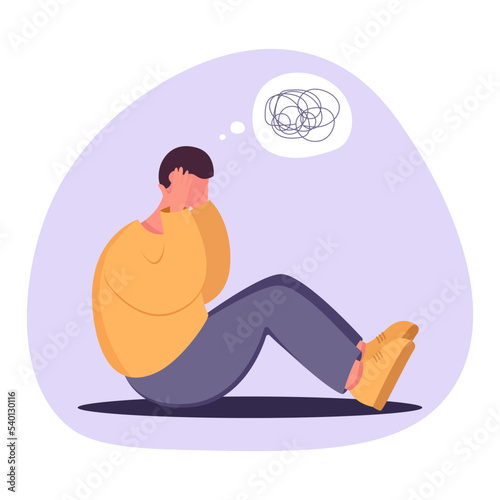 Depression man sit on the floor. Young MAN confused. Anxiety disorder. Insane messy line.