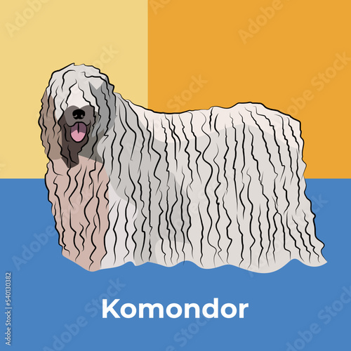 Greeting card with a sitting staying Komondor breed dog. Colorful dog art. The postcard is for dog lovers. Pet character postcard art. Funny dog mascot, and a detailed pet illustration.