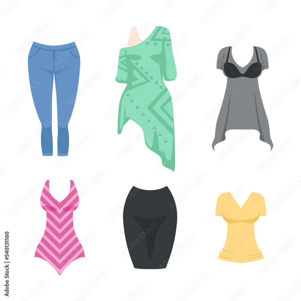 Different Female Clothes and Attire with Skirt, Blouse and Jeans Vector Set Different Female Clothes and Attire with Skirt, Blouse and Jeans Vector Set