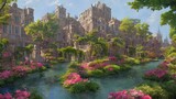 Majestic ancient stone city with gardens and ponds. Fantasy landscape with flowers and trees. 3D illustration