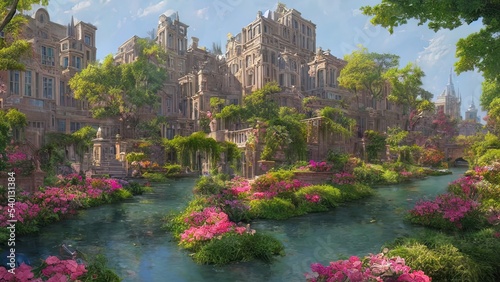 Majestic ancient stone city with gardens and ponds. Fantasy landscape with flowers and trees. 3D illustration
