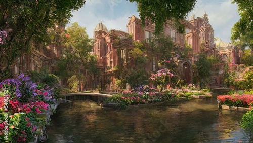 Majestic ancient stone city with gardens and ponds. Fantasy landscape with flowers and trees. 3D illustration