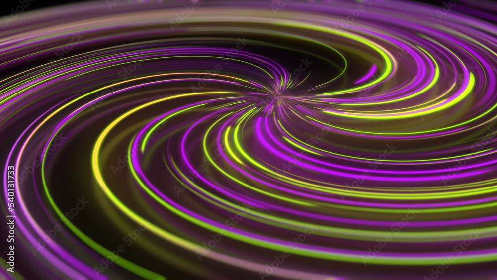 3D rendering abstract neon spiral with reflection in the form of light paths of different colors