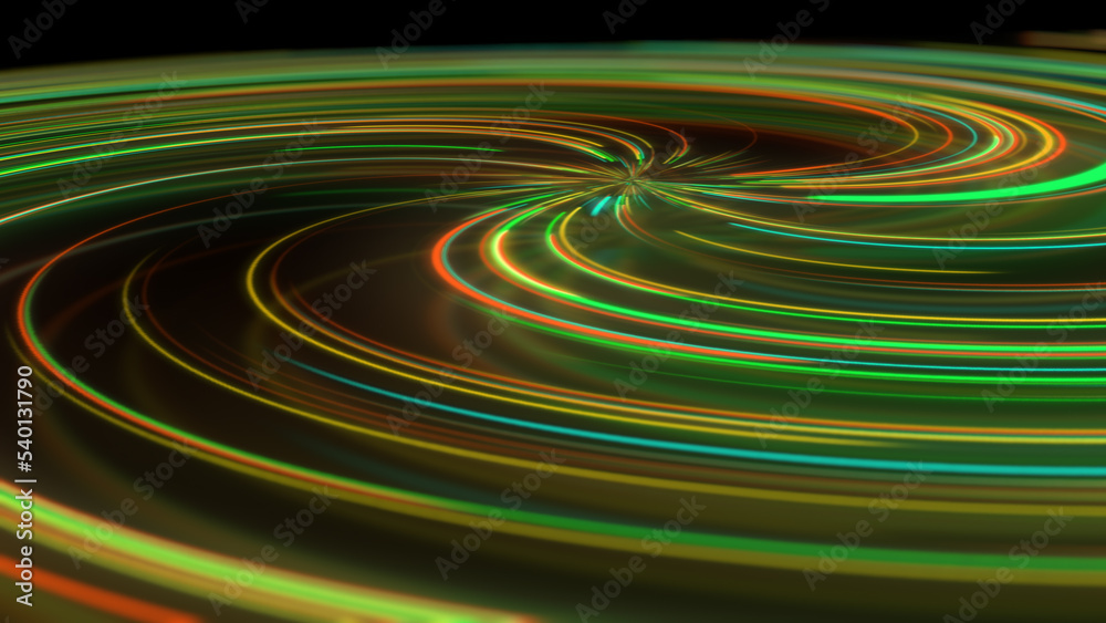 3D rendering abstract neon spiral with reflection in the form of light paths of different colors