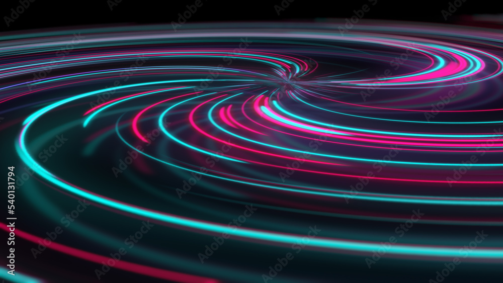 3D rendering abstract neon spiral with reflection in the form of light paths of different colors 3D rendering abstract neon spiral with reflection in the form of light paths of different colors