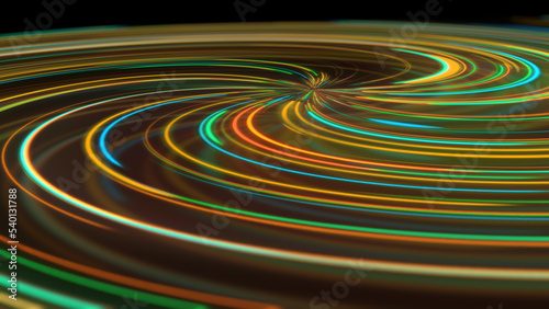 3D rendering abstract neon spiral with reflection in the form of light paths of different colors