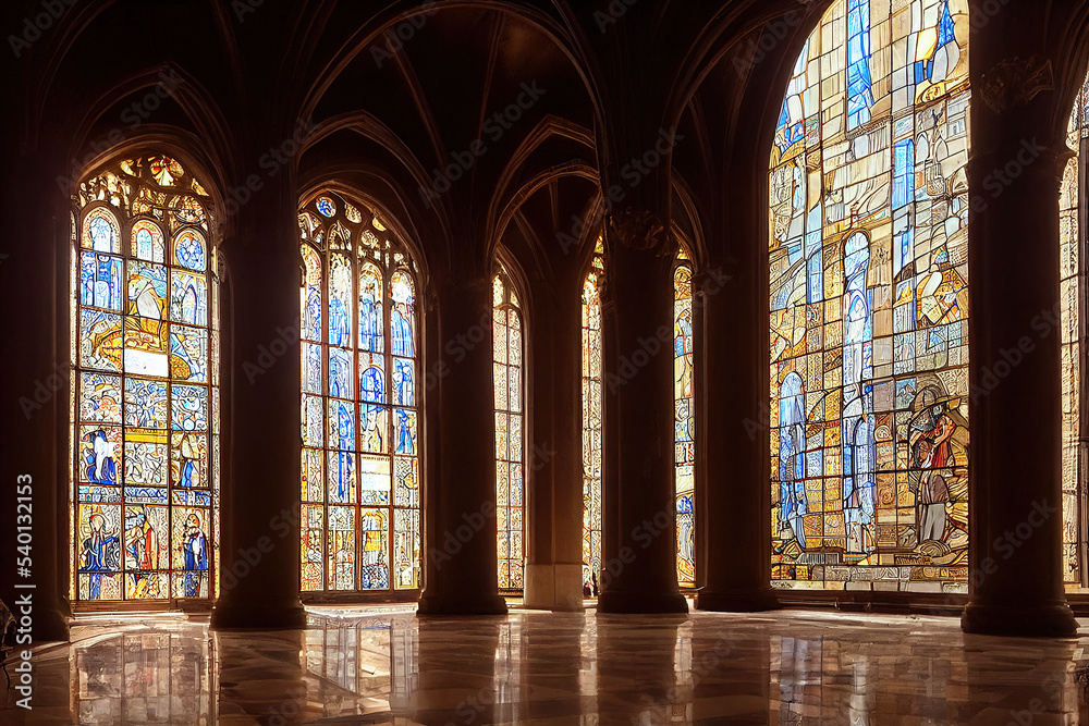Romantic Byzantine Gothic cathedral interior, religious stained glass