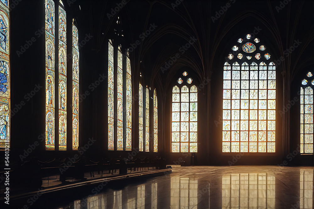 Romantic Byzantine Gothic cathedral interior, religious stained glass