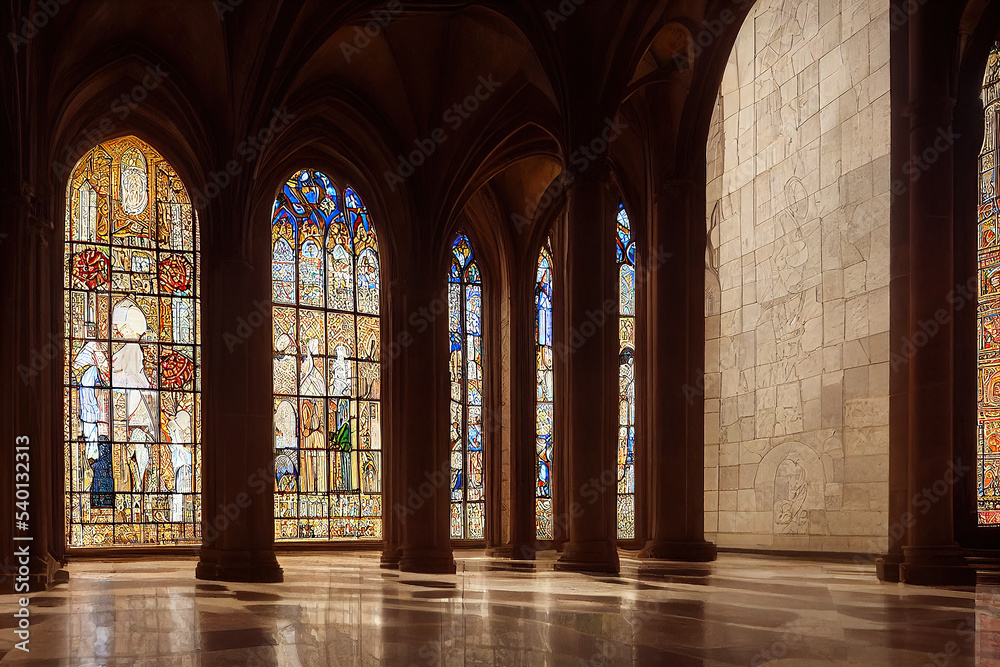 Romantic Byzantine Gothic cathedral interior, religious stained glass