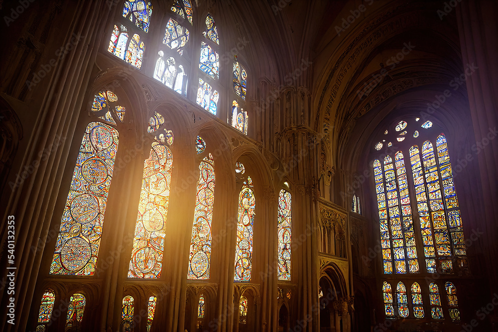 Romantic Byzantine Gothic cathedral interior, religious stained glass windows and columns. AI generated image. - obrazy, fototapety, plakaty 