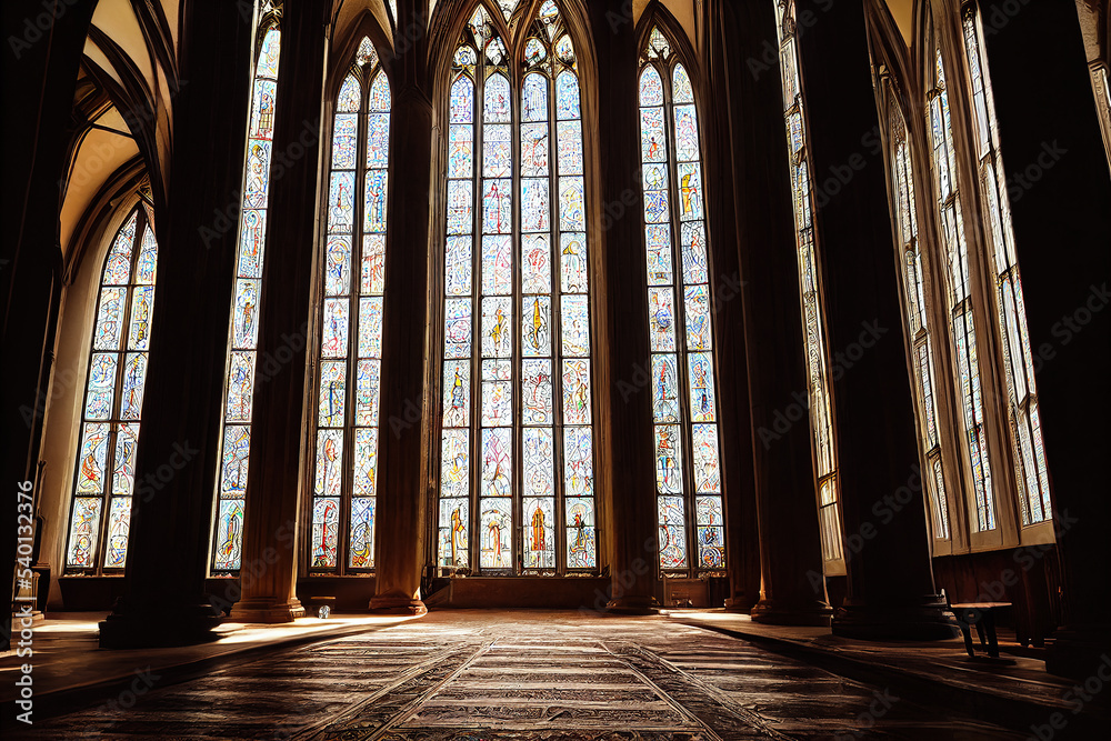 Romantic Byzantine Gothic cathedral interior, religious stained glass