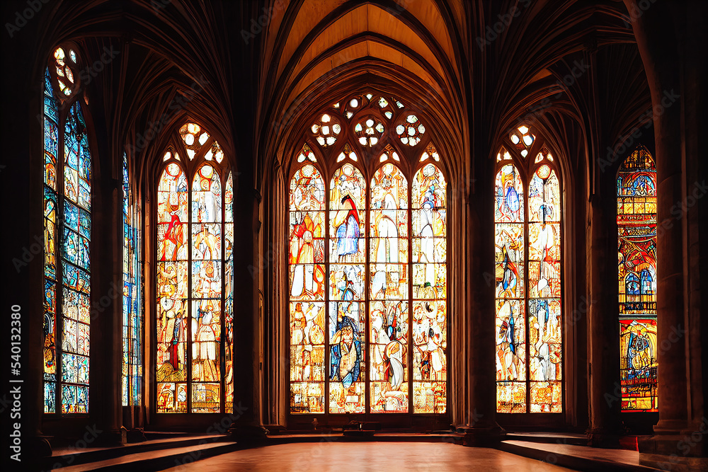 Romantic Byzantine Gothic cathedral interior, religious stained glass