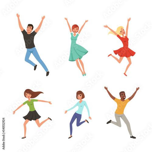 Happy People Character Jumping with Raised Hands Vector Set