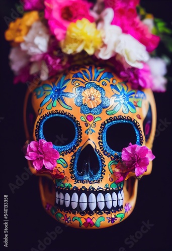 A colorful portrait of a skull and flowers for "dia de los muertos", "Day of the dead" calavera 3d illustration. 