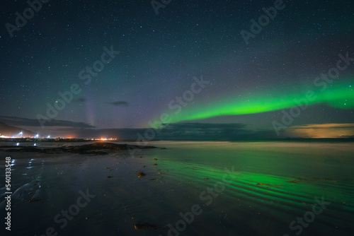 Beautiful colorful northern lights captured in the Lofoten Islands in northern Norway.