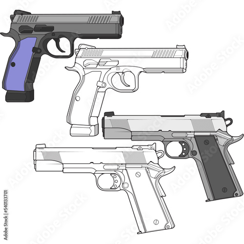 Set of military or police firearms vector style, Shooting gun, Weapon illustration, Vector Line, for training
