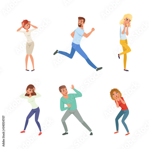 People Character Afraid of Something Feeling Scared and Terrified Screaming and Escaping Vector Illustration Set