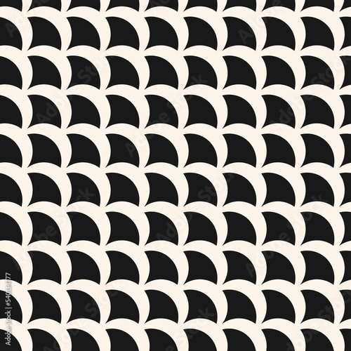 Vector geometric seamless pattern. Simple abstract black and white background with curved shapes, fish scale, peacock ornament, diagonal mesh. Monochrome geo texture. Repeat design for decor, cover