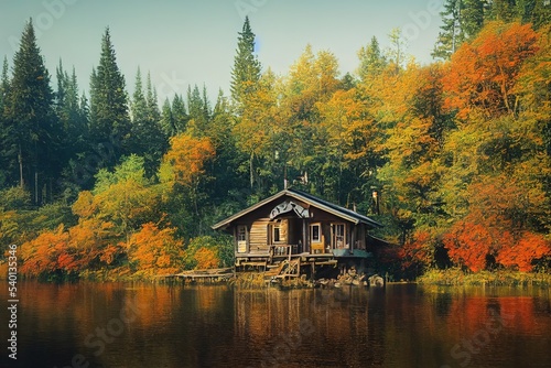 Beautiful riverside fishing cabin, Cottagecore, Cottage, Lodge, Hyperdetailed, Autumn, stunning natural scenery, forest, Landscape, cinematic lighting, raking sunlight, sunrise, glade, intricate detai