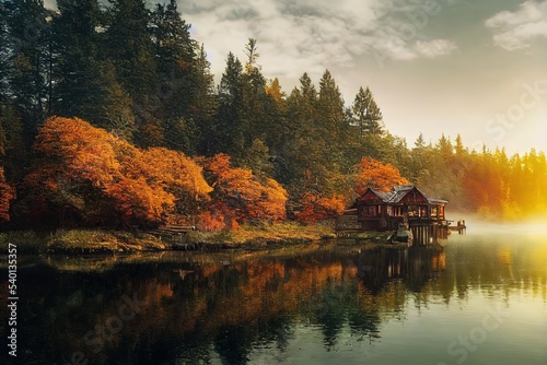 Beautiful riverside fishing cabin, Cottagecore, Cottage, Lodge, Hyperdetailed, Autumn, stunning natural scenery, forest, Landscape, cinematic lighting, raking sunlight, sunrise, glade, intricate detai