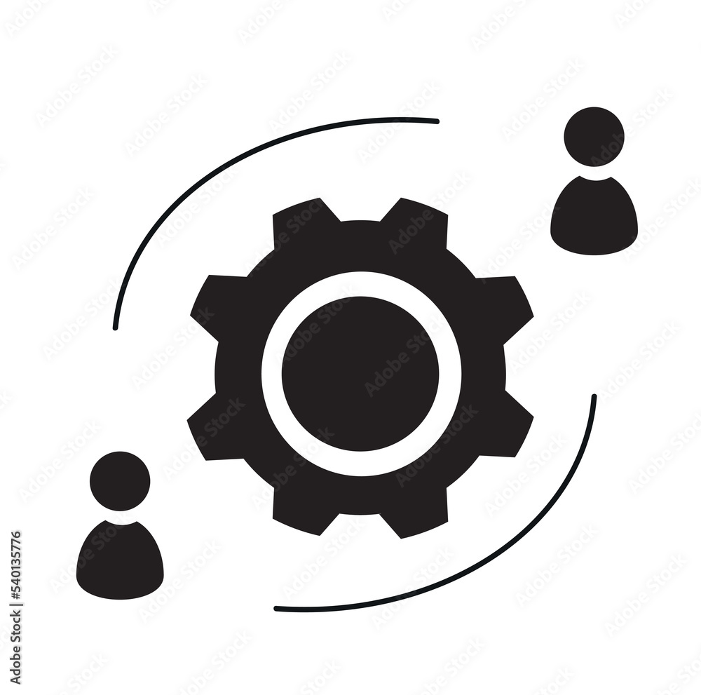 pictograms of a person and a gear icon, business concept of the workflow, work on a common idea, continuous process of human interaction, flat design pictograms of a person and a gear icon, business concept of the workflow, work on a common idea, continuous process of human interaction, flat design