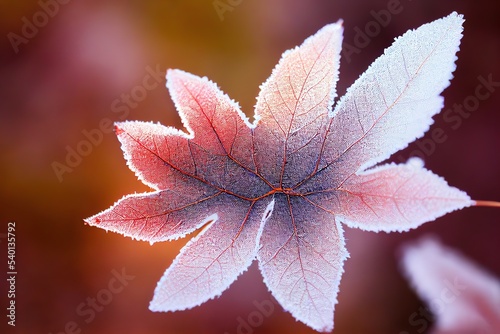 Hoarfrost autumn leaves, nature photography