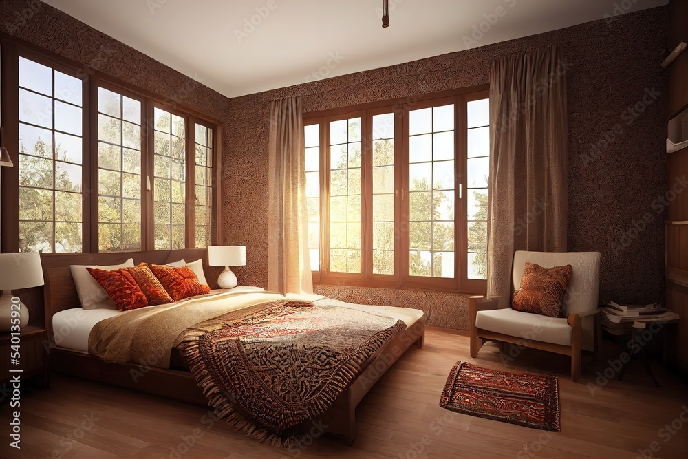 Home interior with ethnic boho decoration, Bedroom in brown warm color Home interior with ethnic boho decoration, Bedroom in brown warm color