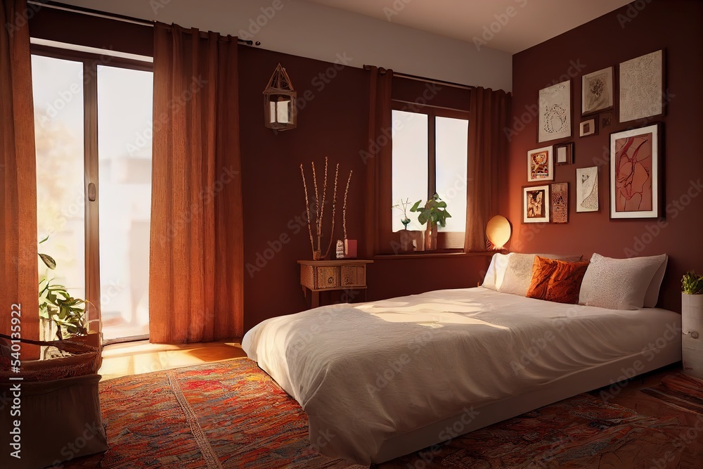 Home interior with ethnic boho decoration, Bedroom in brown warm color