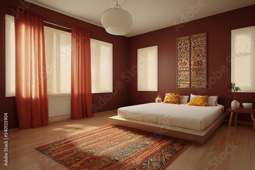 Home interior with ethnic boho decoration  Bedroom in brown warm color