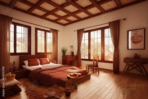 Home interior with ethnic boho decoration, Bedroom in brown warm color © Rarity Asset Club
