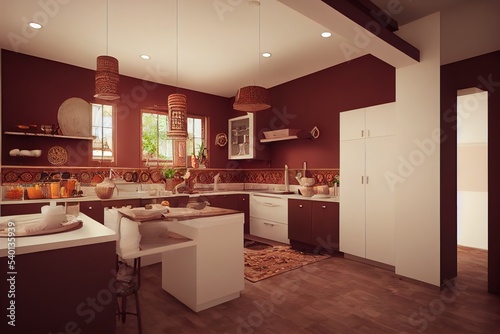 Home interior with ethnic boho decoration, Kitchen in brown warm color