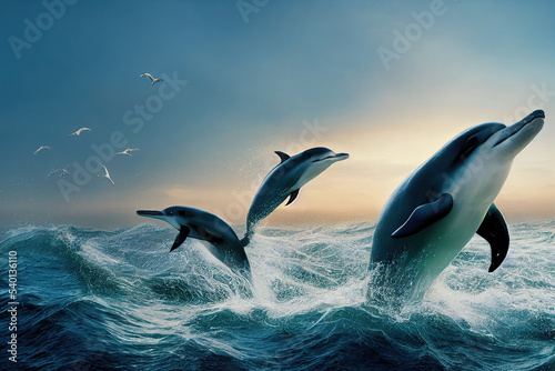 a beautiful dolphins dancing rough sea.