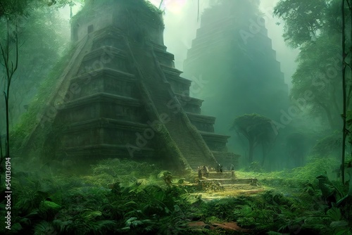 mayan ziggurat overgrown by jungle, possessed with ethereal spirits, intricately detailed hyperrealistic fantasy landscape depiction