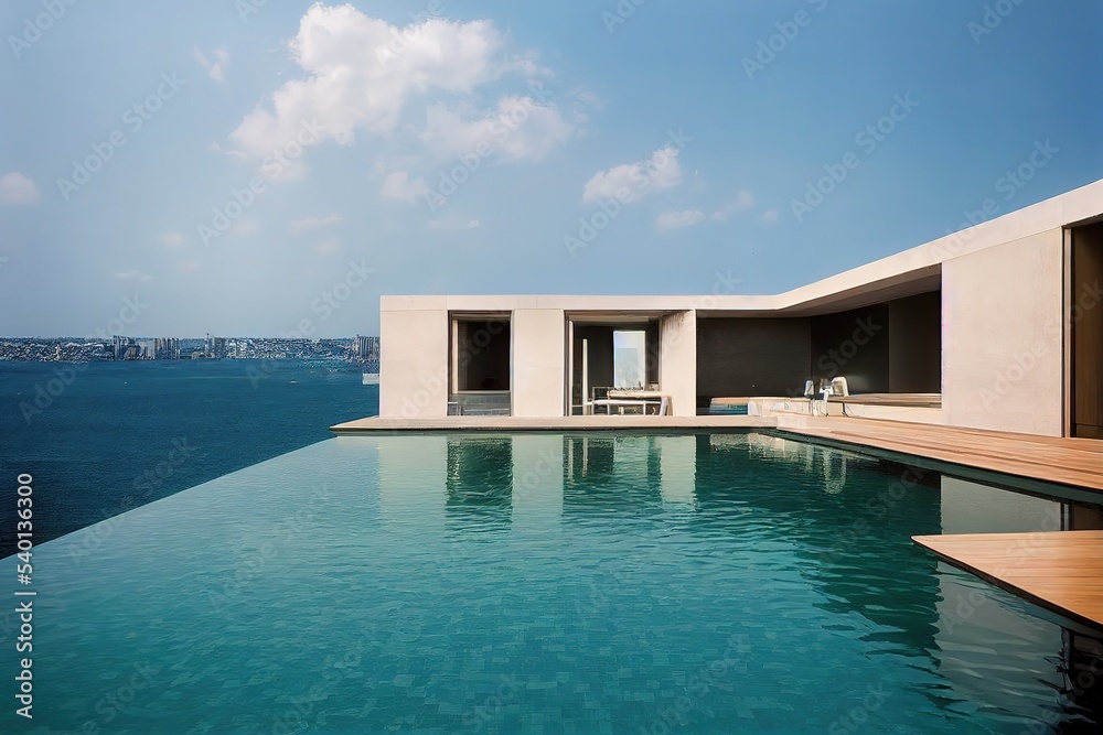 Fototapeta premium Swimming pool on roof top with beautiful city view