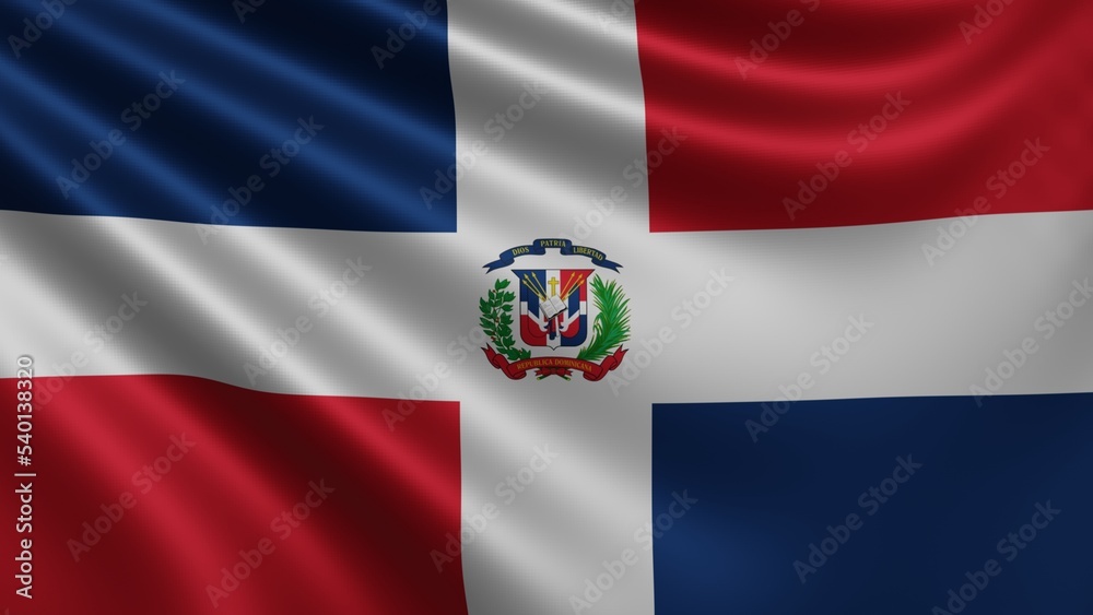 Naklejka premium Render of the Dominican Republic flag flutters in the wind close-up, the national flag of Dominican Republic flutters in 4k resolution, close-up, colors: RGB. High quality 3d illustration